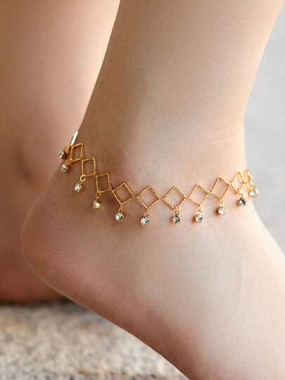 1pc Luxury Anklet, Tarnish Resistant Chain, Geometric Rhombus Design, Gold Plated