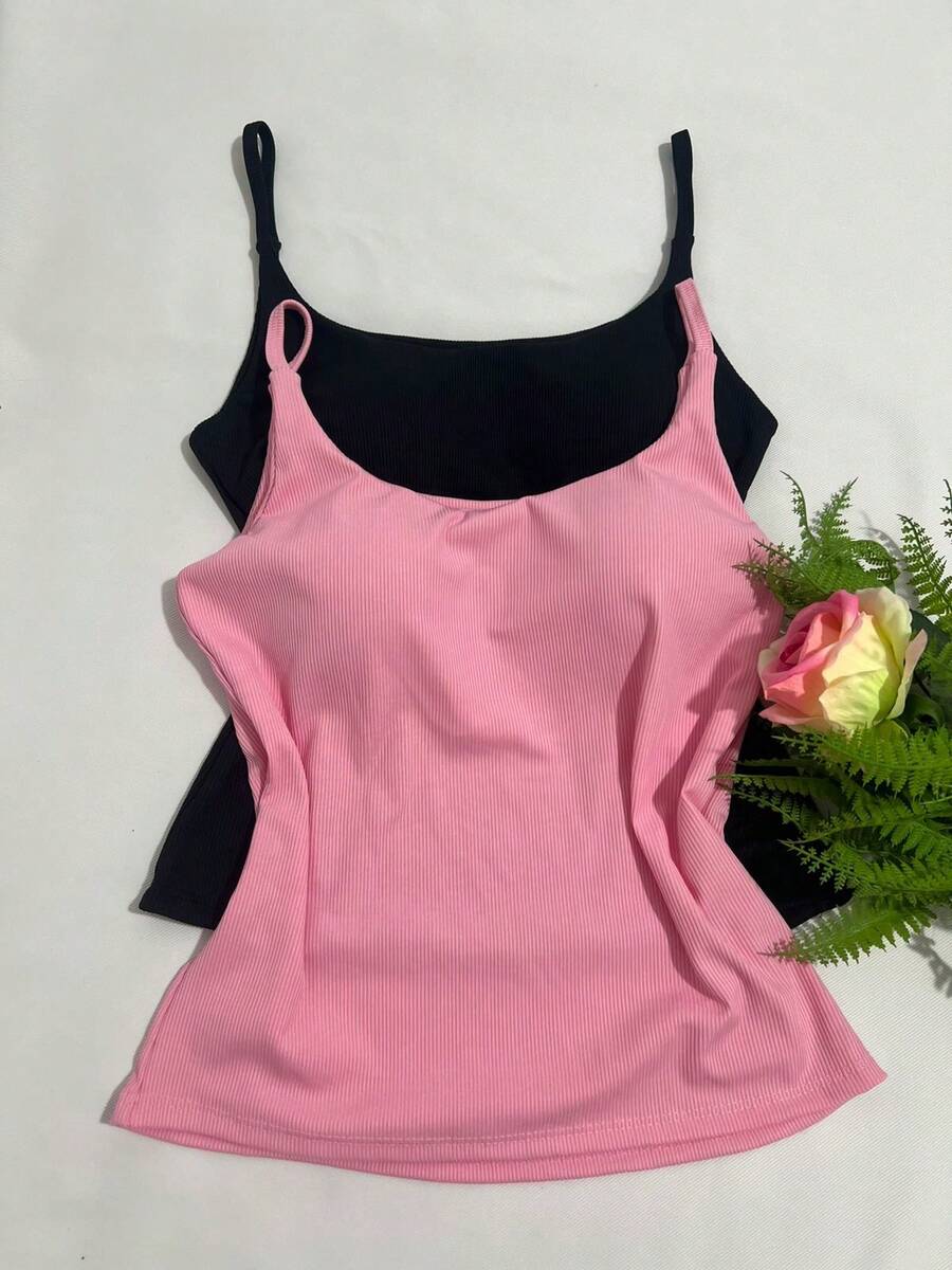 Set Of 2 Women's Tank Tops With Thin Straps, Ribbed Knit Material And Padded Cups. - Black Baby Pink - View 1