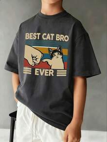 1 buah Kaos Lengan Pendek Kasual Motif Kucing Terbaik untuk Anak Laki-Laki Remaja, Atasan Musim Panas untuk Pelajar Muda - Dark Grey - View 1