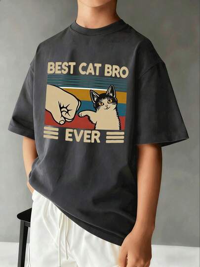 1件青少年男童最佳猫咪兄弟休闲印花短袖T恤，夏季学生上衣