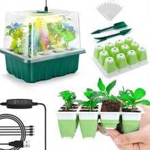 4/6件套升级版育苗盘，带花形植物生长灯，6件套育苗套装，含光照和湿度罩、定时控制器、可调节亮度及3种光照模式，室内幼苗培育发芽盘 - 綠色 - 查看 9