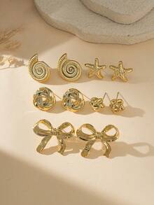 10pcs/Set Assorted Starfish, Shell, Bow Knot, Asymmetrical Casual Earrings Set. Suitable For Parties, Gifts, Beach, Birthday, Casual Outfits - Gold - View 3