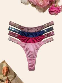 4 PACKS Gradient-Colored Rhinestones Thong Shining & Sparkling ,  Butterfly Color Gradient Design , Soft, Nylon+Spandex+Cotton,High Quality And Fresh Underwear,Panties, Suitable For Daily Life, Sports, And Four-Season Multi-Pack Fashion - 彩色的 - 查看 9