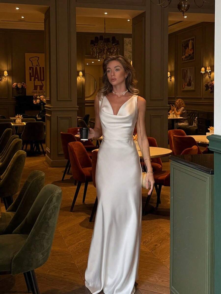Women's New French Style Sleeveless V-Neck Textured Satin Long Sleeve Slim Fit Dress - 白色 - 查看 1