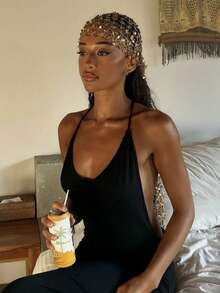 1条女士亮片刺绣围巾，透气闪亮，可作头巾、头饰、披肩、防晒服饰或搭配帽子使用，适合各种场合和所有季节。 - 金黃色 - 查看 5