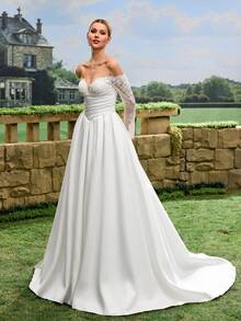 露肩奢华缎面婚纱，及地长裙设计，白色缎面长拖尾婚纱，教堂式婚纱，私密式婚纱 - 白色 - 查看 1