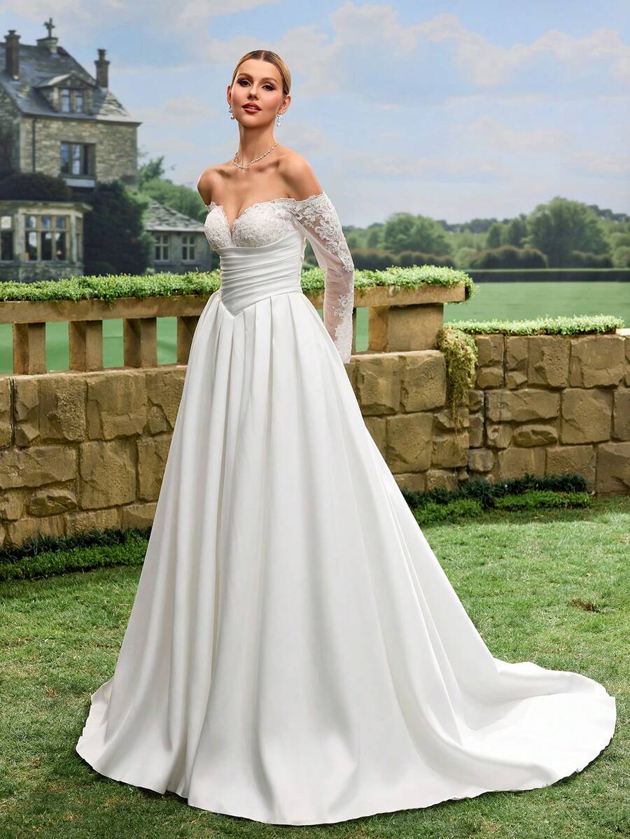 露肩奢华缎面婚纱，及地长裙设计，白色缎面长拖尾婚纱，教堂式婚纱，私密式婚纱 - 白色 - 查看 1