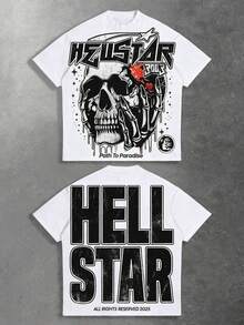 Boys' Y2K Street Casual Crew Neck Short Sleeve T-Shirt, Hell Star Paradise Skull Flame Print, Soft And Comfortable Fabric, Suitable For Kids' Outdoor Activities, Street Loose Casual Hip-Hop Style, Unisex, For Spring & Summer Wear - 白色 - 查看 1