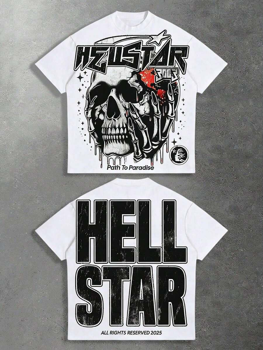 Boys' Y2K Street Casual Crew Neck Short Sleeve T-Shirt, Hell Star Paradise Skull Flame Print, Soft And Comfortable Fabric, Suitable For Kids' Outdoor Activities, Street Loose Casual Hip-Hop Style, Unisex, For Spring & Summer Wear - 白色 - 查看 1