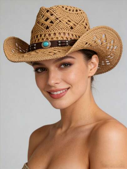 1pc Women's Straw Hat, Bohemian Woven Straw Hat, Western Cowboy Hat, Breathable Sun-Shading Hat With Large Brim, Fashionable Outdoor Straw Hat Suitable For Daily Outdoor Use (If The Brim Is Deformed After Receiving The Product, It Needs To Be Manually Adjusted Back)