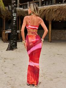 Color Block Gradient Metal Hollow Strap 3-Piece Sexy Elegant Red Bikini Set, Paired With Retro Mesh Sarong, Suitable For Spring/Summer Casual Beach Vacation, Swimming Pool Party Fashionable Swimwear - Red - View 2