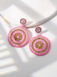 WinLeaf 1 Pair Handmade Woven Seed Bead Boho Style Beaded Earrings - Baby Pink - View 5