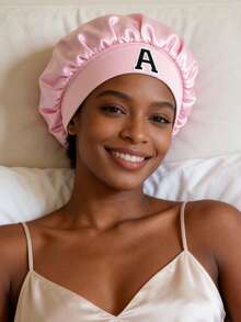 1 pieza Diadema elástica con 26 letras a rayas, gorro de dormir de satén suave para mujer, gorro de ducha suave y elástico, gorro de dormir ajustable para damas, adecuado para el cabello - Rosa - Ver 6