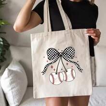 帆布手提包，樱桃蝴蝶结设计，时尚休闲手提包，适合日常使用，可机洗，耐用帆布材质 - 彩色 - 查看 12