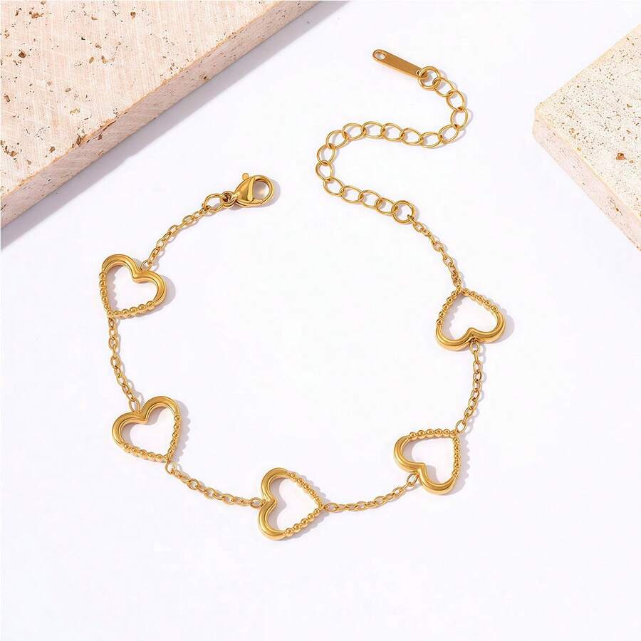 1件装，不锈钢可调节女士脚链，时尚镂空心形钛金饰品 - 18K镀金精致心形手链，时尚饰品 - 适合日常佩戴/婚礼/派对聚会 - 彩色 - 查看 1