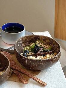 1/2pcs Minimalist Natural Coconut Shell Bowl, Reusable Handmade Round Salad Bowl, Home Yogurt Bowl, Salad Bowl, Dessert Bowl, Restaurant Decor Bowl, Fruit Bowl, Easy To Clean Party Dinnerware, Suitable For Cereal, Salad, Breakfast, Fruit And Yogurt. Pure Coconut Bowl, Kitchen Decor - Multicolor - View 7