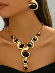 1 Pair Pendant Earrings + 1 Necklace, Zinc Alloy Jewelry Set With Black Round Gemstone Design, Vintage Elegant Style, Suitable For Women Party And Ramadan Gift - Snail Set - View 4
