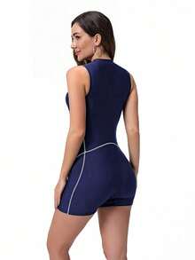 1 Piece Women's Fashion Swimsuit For Surfing, Slimming, Sexy Women's Swimsuit With Front Zipper For Diving And Surfing, Summer - 藏蓝色 - 查看 5