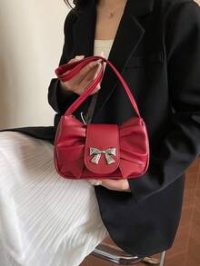 折叠式PU皮革手拿单肩包，饰有金属蝴蝶结，适合日常出行和休闲约会，可爱优雅的小包款式，Tready新月形女士包 - 酒紅色 - 查看 2