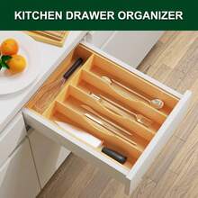 Organizador de utensilios de bambú para cajones de cocina, bandeja extensible para utensilios y cubiertos, divisores de cajones de madera con 7 ranuras ajustables. - 7 ranuras expandibles - Ver 2