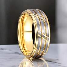 8毫米男士简约时尚不锈钢结婚戒指，拉丝单戒，独特订婚首饰 - 金色間鋼井批花 - 查看 5