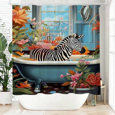 1pc Cartoon Zebra Shower Curtain, Made Of Polyester, Waterproof, Non-Blackout, Suitable For Home And Bathroom Decor, Comes With 12 Hooks