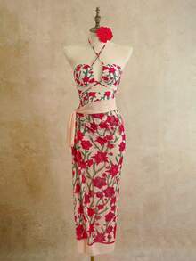 Floral Print Halter Cutout Two Pieces Midi Dress Set - Multicolor - View 3