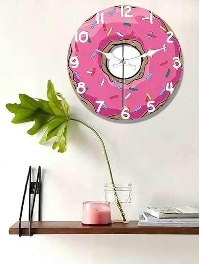 1 pieza Reloj de pared silencioso con forma de rosquilla rosa, redondo de madera, pantalla digital, requiere batería AA, diseño plano superior, decoración del hogar y la cocina, regalo creativo, batería no incluida