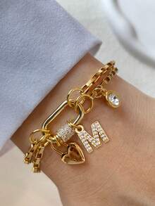 1pc Gold Letter Bracelet, White Diamond Screw Clasp Chain, Stainless Steel Chain, Fashionable Multi-Pearl Bracelet, Unique Luxury Women Bracelet - Yellow Gold - View 2