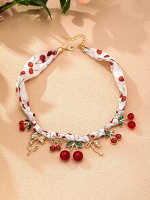 1 pezzo Collana con ciondolo a fiocco e ciliegie in stile bohémien per donna, collana con sciarpa a motivo di ciliegie, ciondoli a forma di ciliegie, accessori gioiello con vibes primaverili ed estive - Collana con ciondolo a forma di fiocco di ciliegio - Visualizzare 4