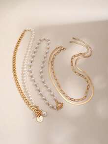 1 Set Baroque Asymmetrical Pearl Necklace, Creative Chain Choker Necklace For Women - Gold - View 3