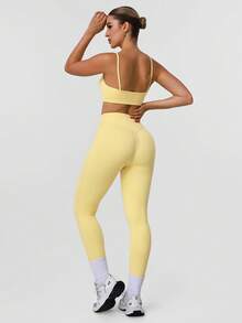 Sodalemon Women's Solid Color Thick Sports Bra & Yoga Leggings 2 Pieces Set, Minimalist Design For Fitness Training - Màu vàng - Xem 3