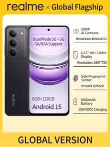 Realme 14X 5G 无锁智能手机：6.67 英寸 FHD+ 120Hz 显示屏，天玑 6300 5G 芯片，6GB+128GB，5000mAh 电池，支持 15W 充电，Android 15 系统（黑色） - 黑色 - 查看 2