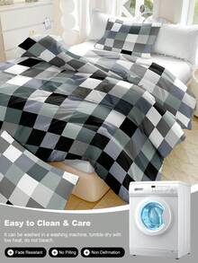 三件套格子印花被套，柔软透气的超细纤维面料，四季皆宜，舒适亲肤，可机洗，不易褪色、缩水或起皱，中性现代风格，适用于特大号/大号/标准双人床，适合家庭、宿舍、公寓、酒店、度假租赁等场所，亦可作为礼物赠送。 - 彩色 - 查看 10