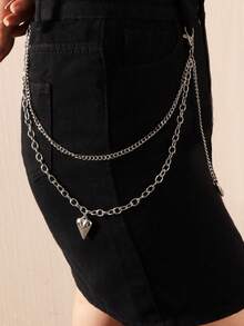 1pc Fashion European And American Street Style Multi-Layer Chain Geometric Heart Pendant Pants Chain, Unisex - Silver - View 7