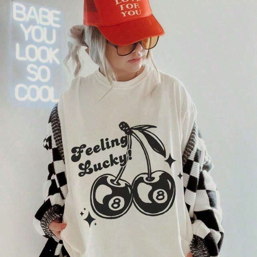 2026 LC Feeling Lucky Cherry 8 Ball Shirt. Cool Womens Shirt. Aesthetic Western Retro Shirt. Boho Festival Shirt. Cool Girl Shirt,Soft And Comfortable Cotton, Cartoon PrintingCasual Daily Wear-Shirt,Retro-Shirt,Clothing Autumn And Winter,Male And Female Neutral Short Sleeves,Clothes Plus Size,Sweatshirt,Clothes Women,Tops,New Year's Clothing,Womens Tops,Spring,Summer Tops Women,Spring Clothes,Vacation Outfits ,Summer Outfits,Tees Women - 白色 - 查看 1
