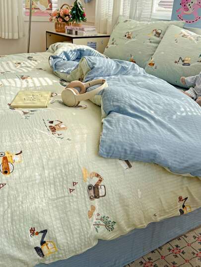 Kids Cartoon Printed Bedding Set (1 Duvet Cover + 1 Bed Sheet + 2 Pillowcases, No Filler), Cute Excavator Pattern, Suitable For Boys And Girls, Teens, Single/Double/Queen/King Bed, 100% Polyester, Polyester Fabric, All Season Use