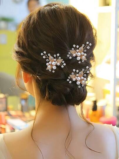 3pcs/Set Handmade Alloy Leaf, Rhinestone & Pearl Hair Clips, Elegant Women Hair Accessories Suitable For Daily Wear, Wedding, Party, Festival