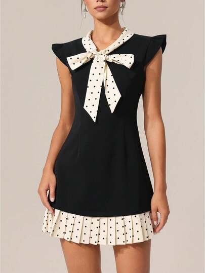 Women Black Polka Dot Mini Dress Bow Tie Neck Ruffle Cap Sleeve Pleated Hem Vintage Preppy  Going Out Party Date Night Casual