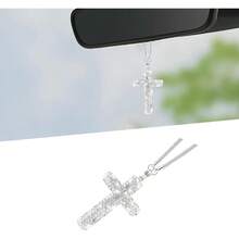 Bling Car Hanging Ornament, Cross Crystal Rhinestone Vehicle Rear View Mirror Pendant, Diamond Religious Rearview Mirror Decoration Charm, Universal Automotive Interior Accessories (Silver) - Silver - View 7