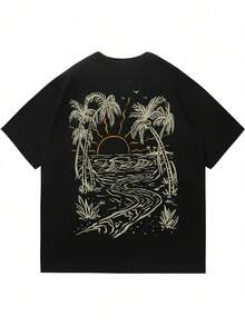 Coastal Men's Vacation Style Island Element Printed Short Sleeve T-Shirt, Suitable For Summer Wear, Comfortable & Breathable, Leading Fashion - Black - View 7
