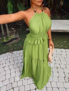 AIJ Amarilo 女士性感度假无袖荷叶边露背系带短款上衣和多层荷叶边长裙套装 - 豆綠色 - 查看 5