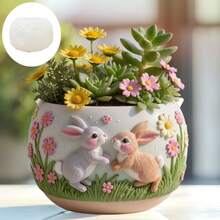 1件套花簇兔子多肉植物盆硅胶模具梦幻草地兔子飞翔浮雕树脂石膏花盆模具兔子玩耍浮雕水泥混凝土花盆模具梦幻美人浮雕工艺模具复活节装饰礼品 - A - 查看 2