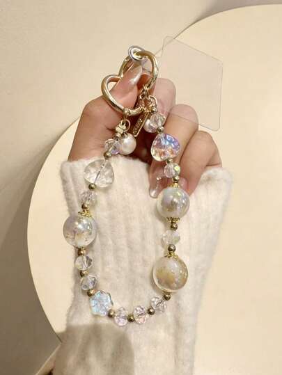 Alloy Luxury Pearl Premium Crystal Beaded Wrist Strap, Elegant Handmade Phone Lanyard, Luxury Bracelet Bag Charm For Spring Birthday Gift