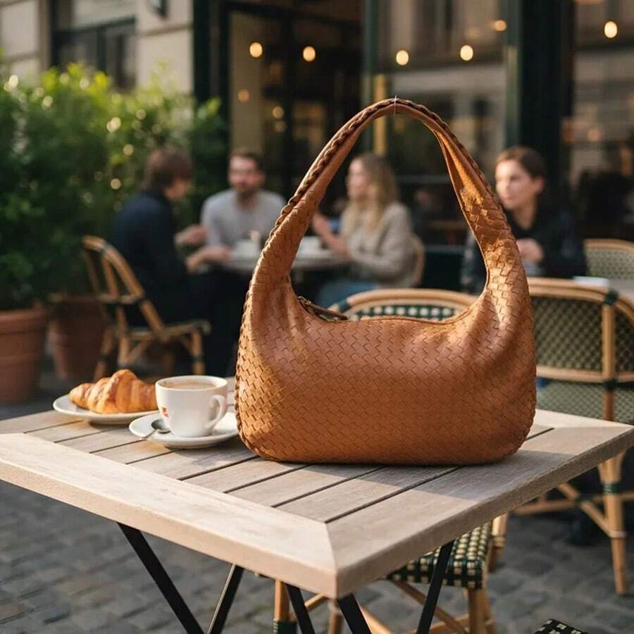 Elegant Women's Shoulder Bag In Braided Faux Leather - Camel - View 1