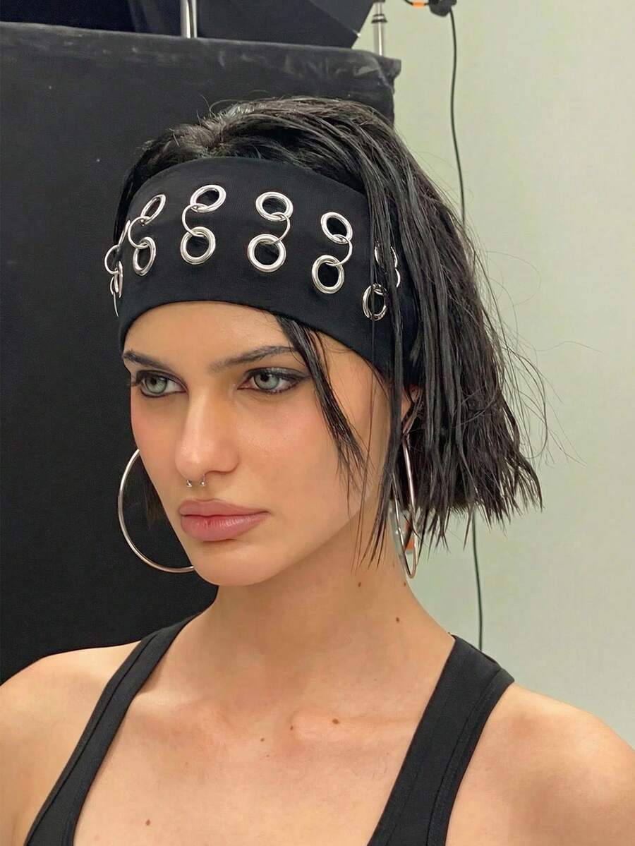 1pc Fashion Punk Headband, Gothic Style Soft Non-Slip Elastic Hollow Out Beach/Holiday Headband, Elastic Yoga Sports Headband, Versatile For Daily Wear Fashion Hair Accessories,Women Hair Bands Summer Outfits,Festival,Party - Black - View 1