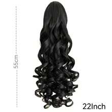 22英寸长波浪卷合成发马尾接发，爪夹式，适合日常佩戴，黑色波浪长马尾假发 - 彩色 - 查看 3