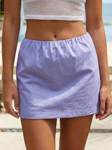 Women's Summer Mini Skirts Low Waist Solid Color Bodycon Skirt for Daily, Travel, Parties - Morado - Ver 5