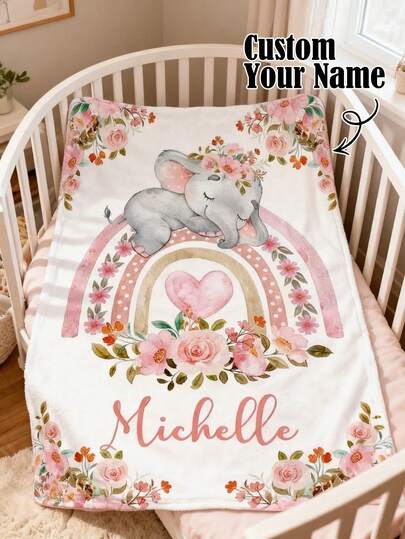 Manta personalizable con elefante durmiente y arcoíris - Lindo elefante gris durmiendo sobre un arcoíris suave con patrones florales y de corazones, regalo personalizado ideal para niñas pequeñas, recién nacidos, manta de viaje y compañero de sueño acogedor
