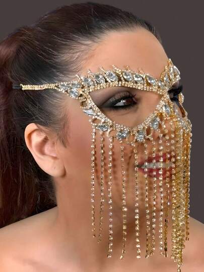 1件长流苏多层水晶面具，宴会舞会女士华丽珠宝配饰